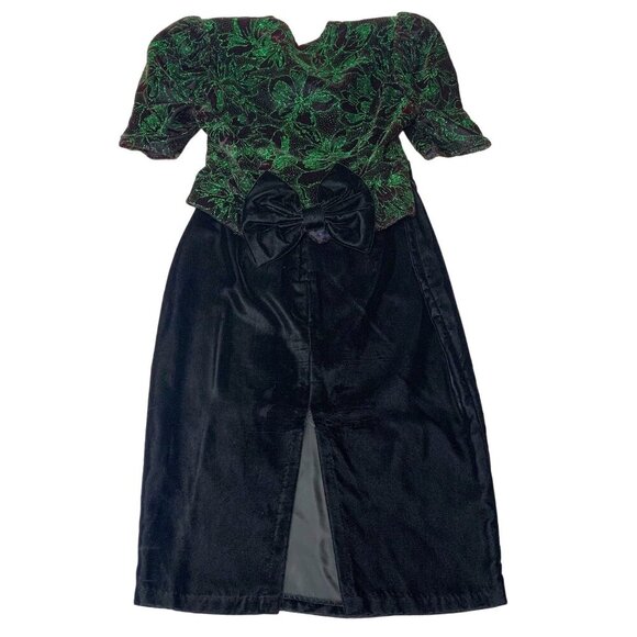 Vintage Jessica McClintock Gunne Sax Black Velvet Green Glitter 2 pc Skirt Set S - Picture 2 of 8